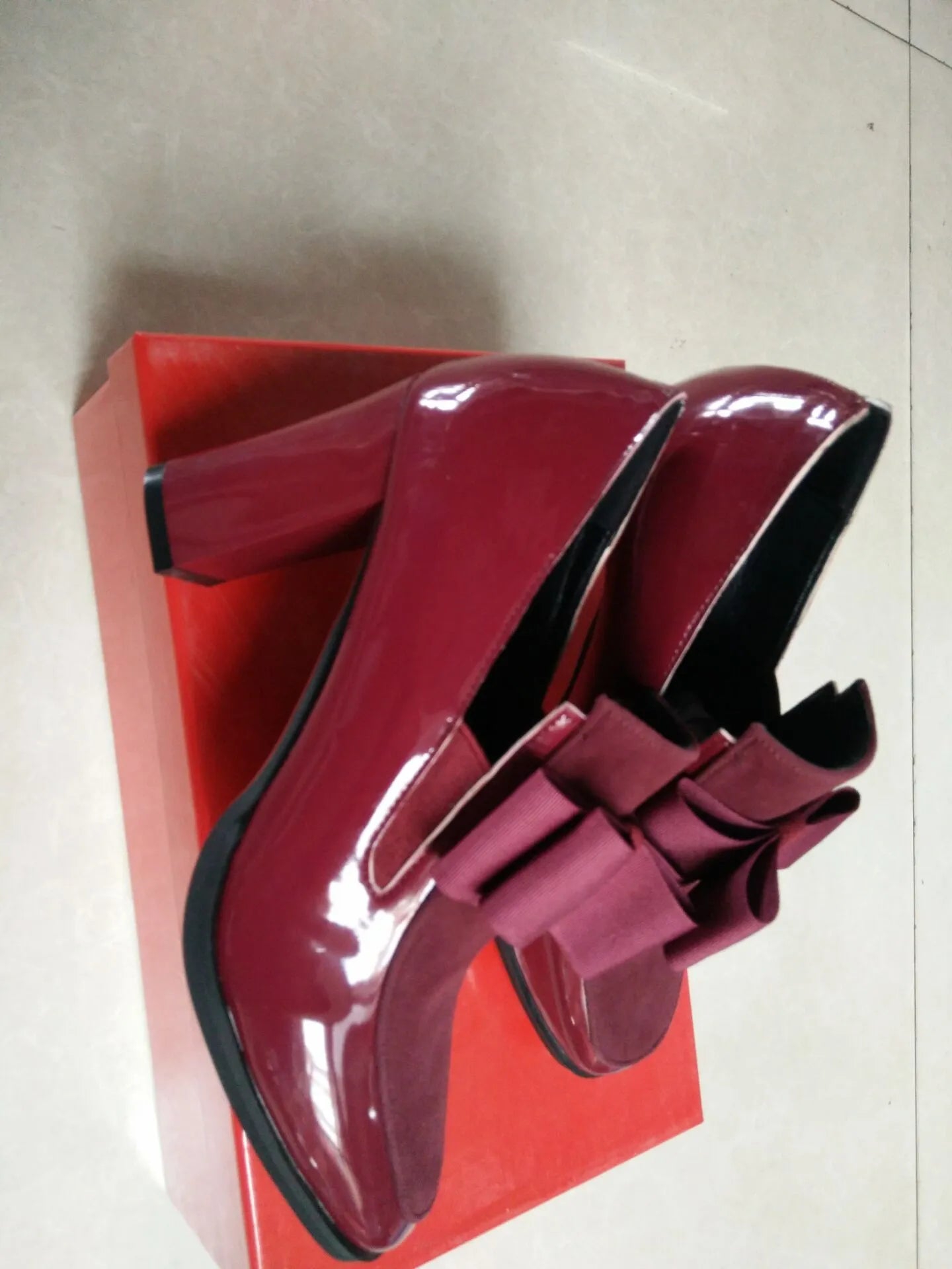 Women's black patent leather high heel shoes with thick 8cm heel and square toe