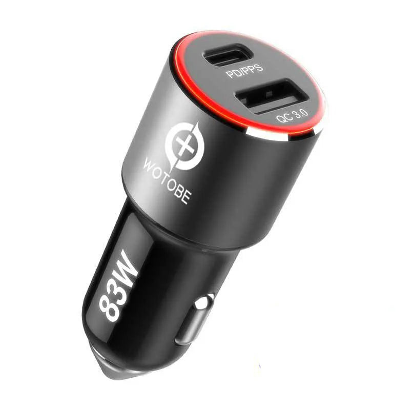 Dual-port 83W fast car charger with one USB-C and one USB-A port, shown plugged into a car's 12V socket.