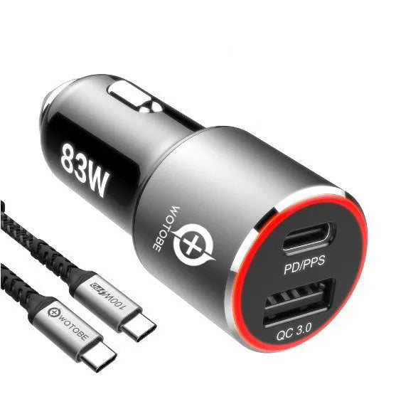 Dual-port 83W fast car charger with one USB-C and one USB-A port, shown plugged into a car's 12V socket.