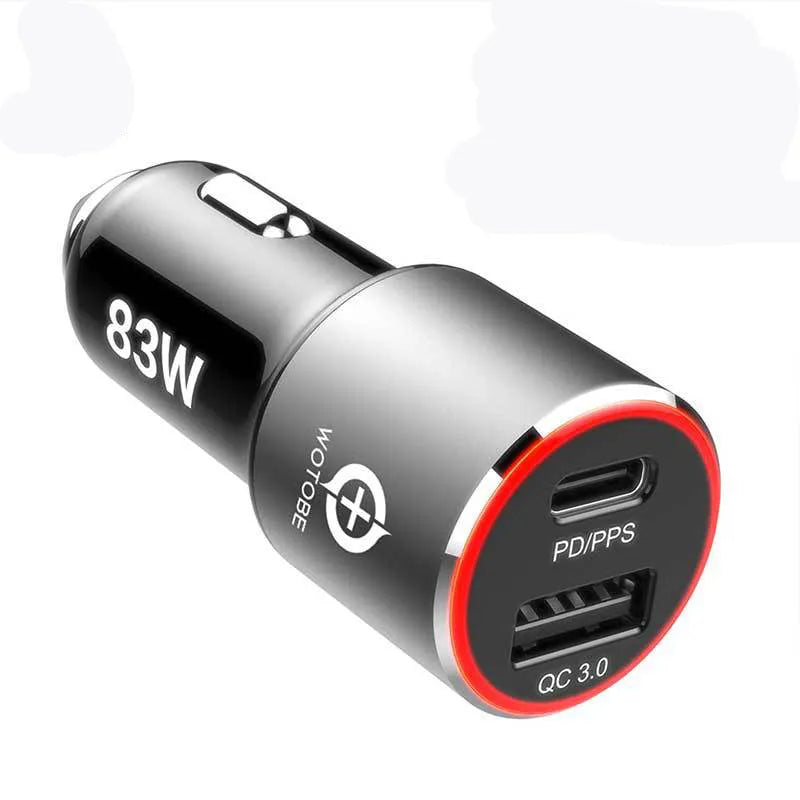 Dual-port 83W fast car charger with one USB-C and one USB-A port, shown plugged into a car's 12V socket.