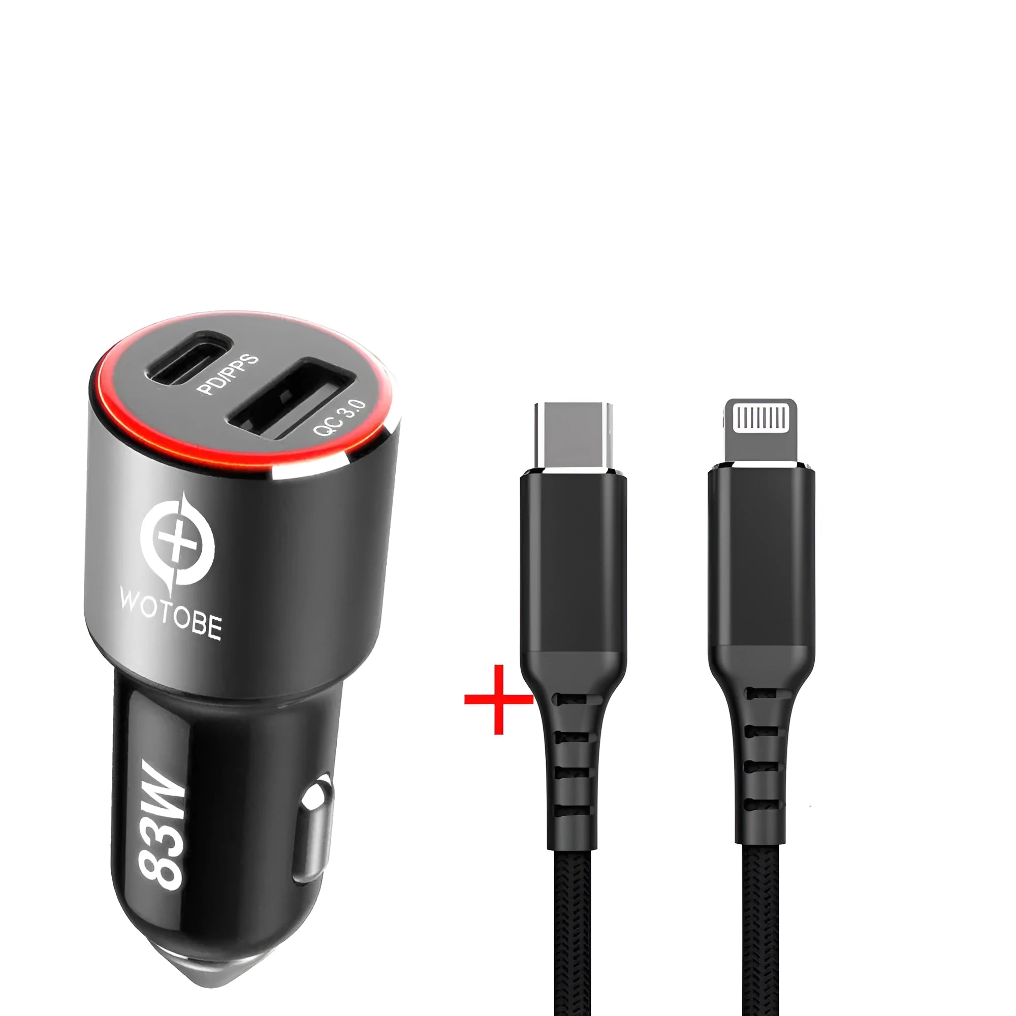 Dual-port 83W fast car charger with one USB-C and one USB-A port, shown plugged into a car's 12V socket.