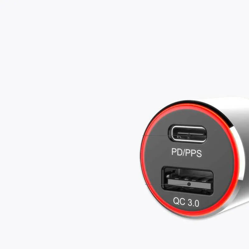 Dual-port 83W fast car charger with one USB-C and one USB-A port, shown plugged into a car's 12V socket.