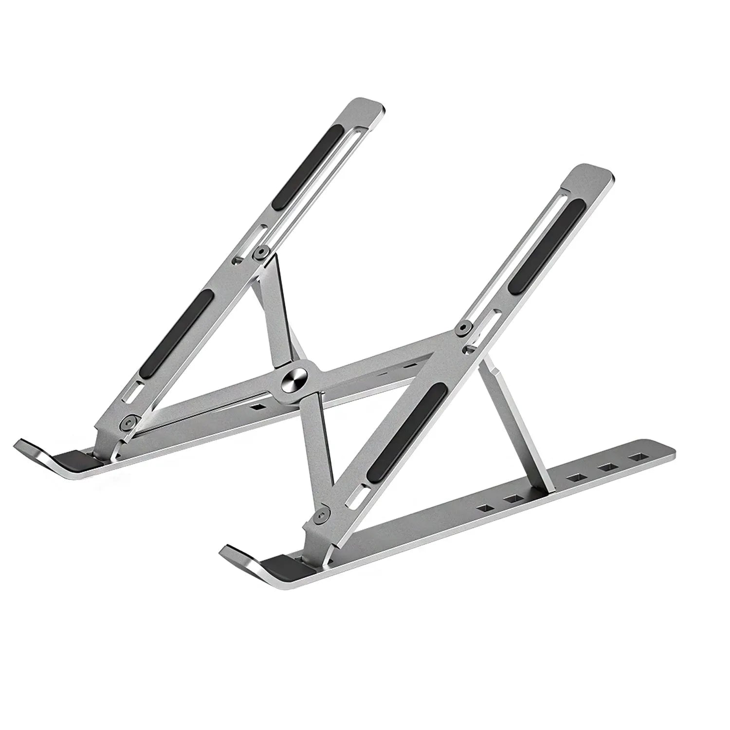 Aluminium alloy laptop heightening bracket folded flat on desktop, black colour, with portable storage base lifter design.
