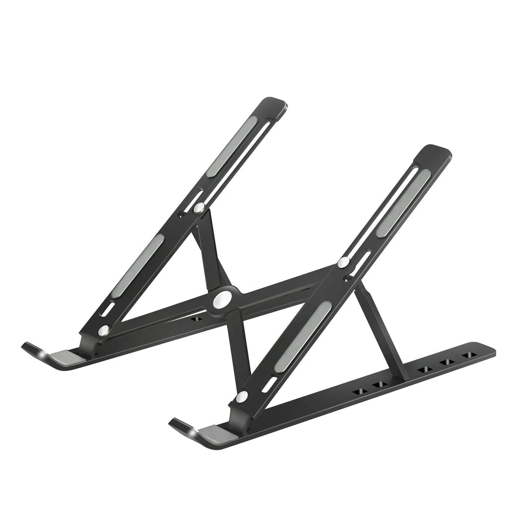 Aluminium alloy laptop heightening bracket folded flat on desktop, black colour, with portable storage base lifter design.