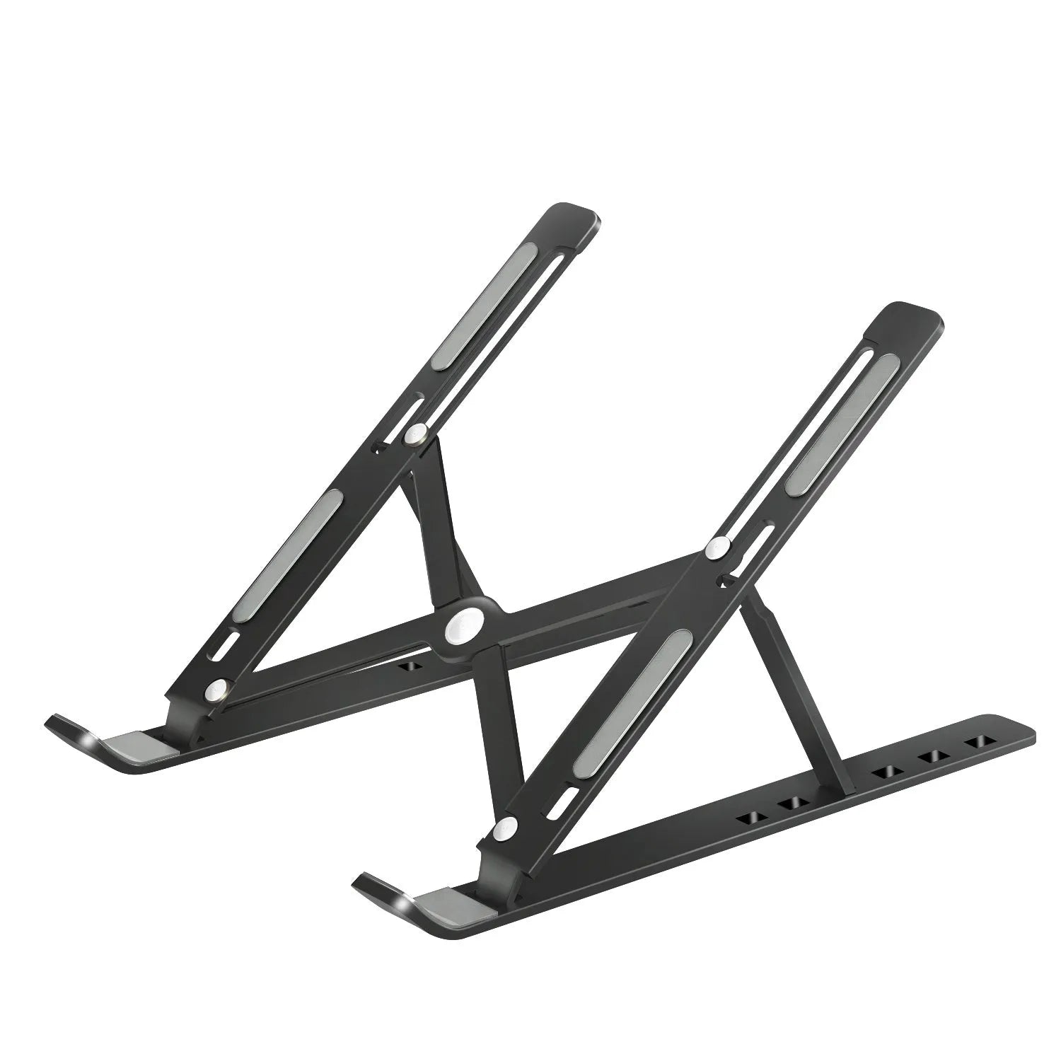 Aluminium alloy laptop heightening bracket folded flat on desktop, black colour, with portable storage base lifter design.