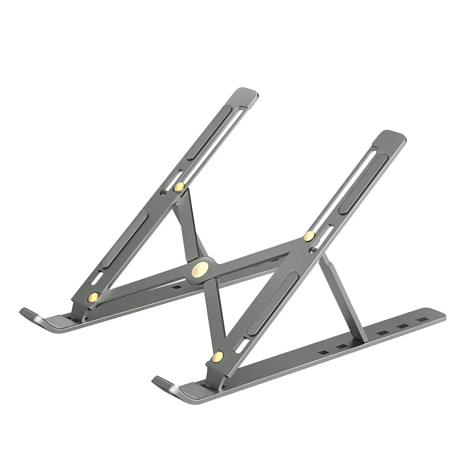 Aluminium alloy laptop heightening bracket folded flat on desktop, black colour, with portable storage base lifter design.