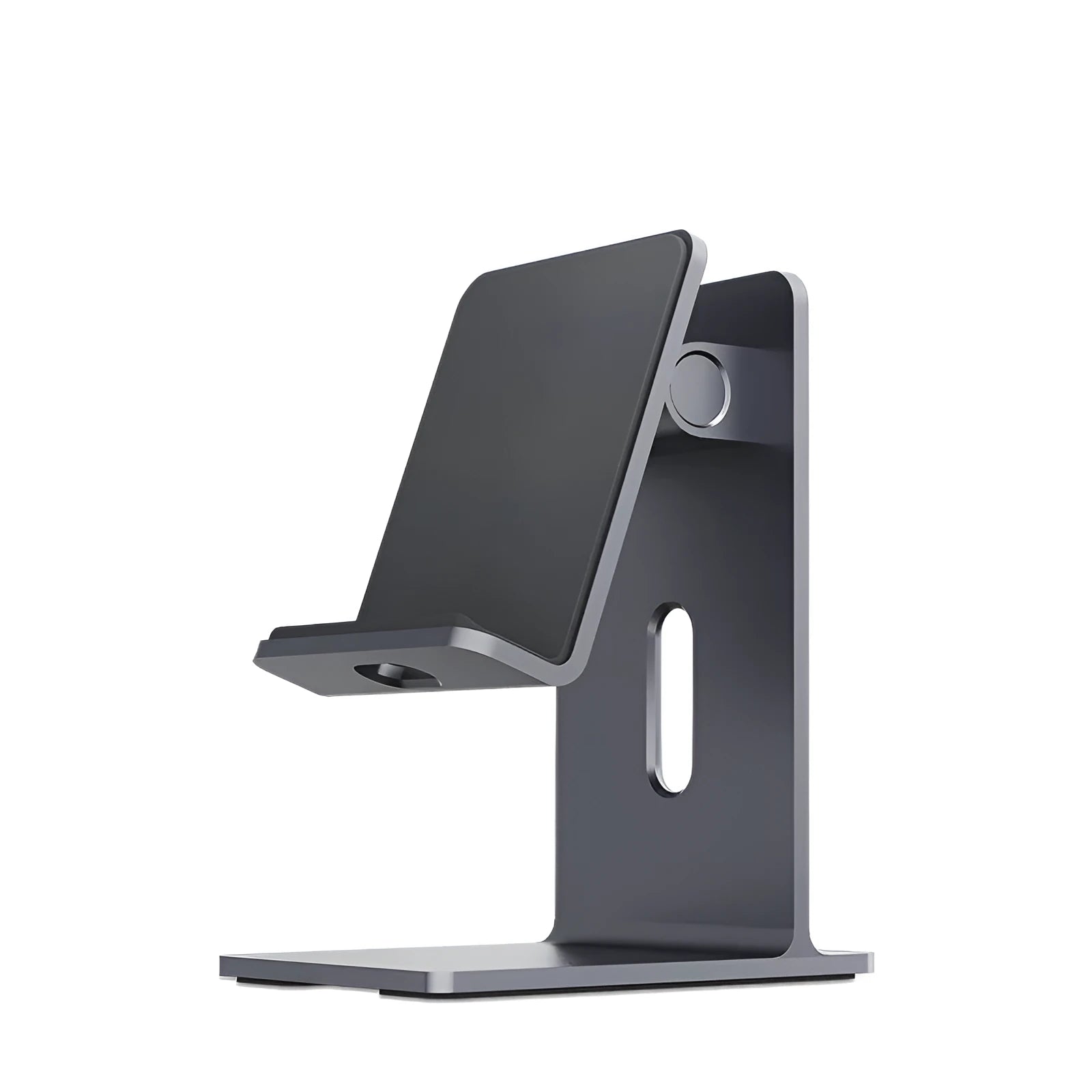 Alloy mobile phone holder in Dark Space Gray colour on a desktop