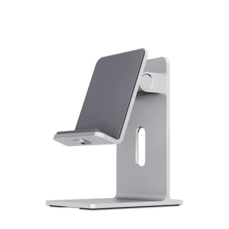 Dark Space Gray alloy mobile phone holder with adjustable arm holding a smartphone on a wooden desk.