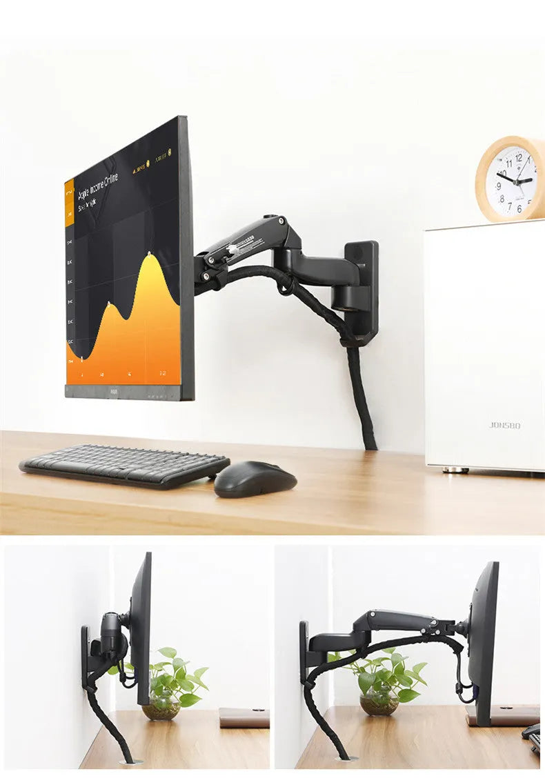 Black wall-mounted computer monitor stand with telescopic arm and rotation function