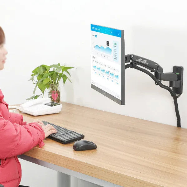 Black wall-mounted computer monitor stand with telescopic arm and rotation function