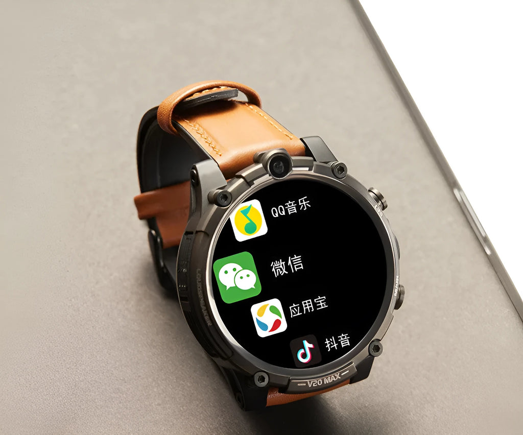 Black smart phone watch with 1.6-inch screen, dual cameras, and wrist strap for 4G calls and heart rate tracking.