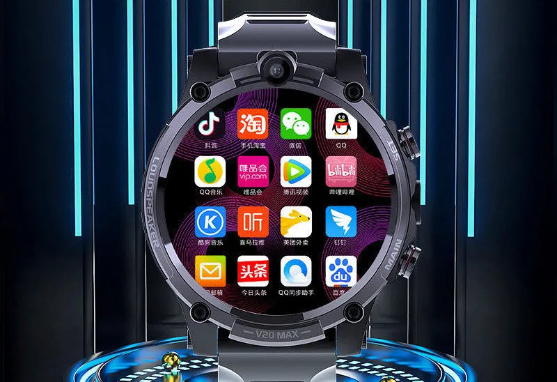 Black smart phone watch with 1.6-inch screen, dual cameras, and wrist strap for 4G calls and heart rate tracking.