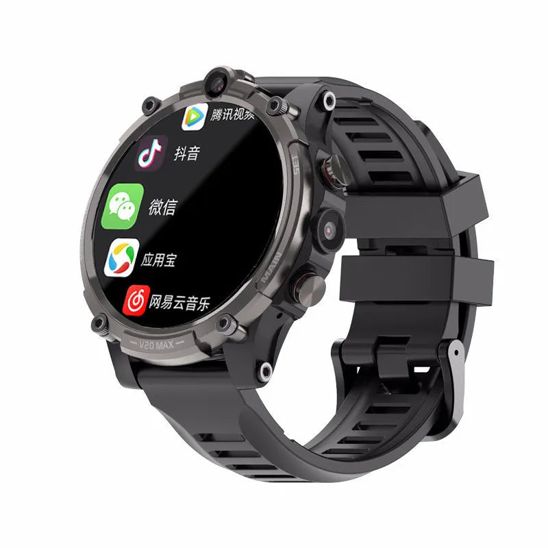 Black smart phone watch with 1.6-inch screen, dual cameras, and wrist strap for 4G calls and heart rate tracking.