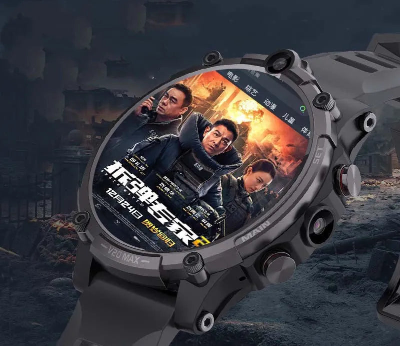 Black smart phone watch with 1.6-inch screen, dual cameras, and wrist strap for 4G calls and heart rate tracking.