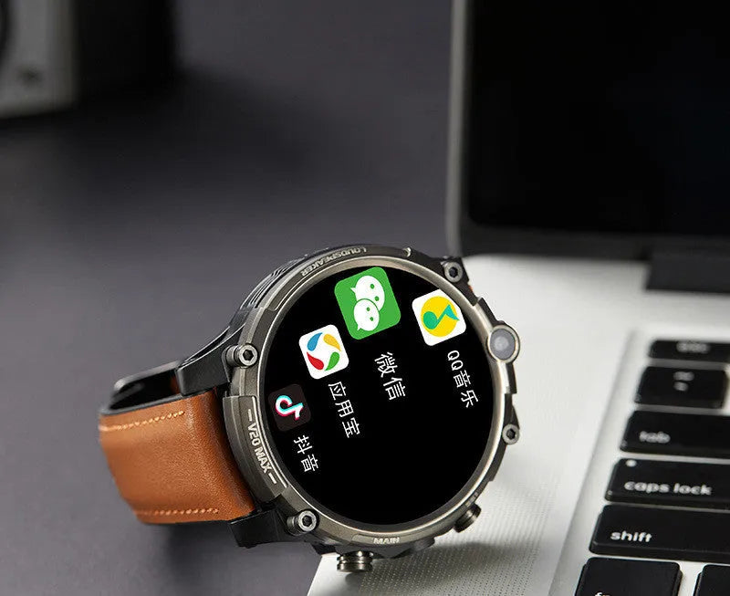 Black smart phone watch with 1.6-inch screen, dual cameras, and wrist strap for 4G calls and heart rate tracking.