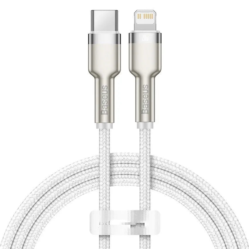 20W Type-C to Apple fast charging cable with single head connector, shown in black, dark green, white and purple, lengths 0.25m, 1m and 2m