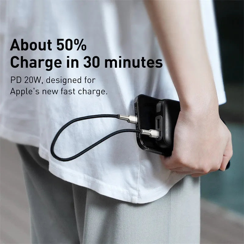 20W Type-C to Apple fast charging cable with single head connector, shown in black, dark green, white and purple, lengths 0.25m, 1m and 2m
