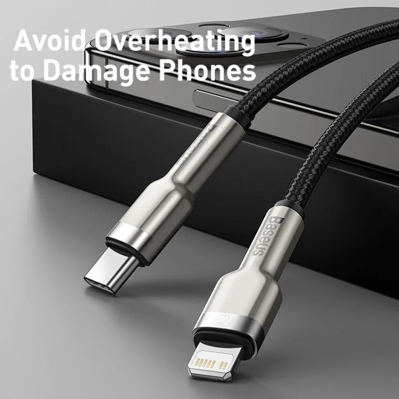 20W Type-C to Apple fast charging cable with single head connector, shown in black, dark green, white and purple, lengths 0.25m, 1m and 2m