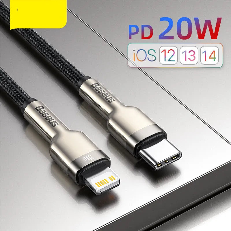 20W Type-C to Apple fast charging cable with single head connector, shown in black, dark green, white and purple, lengths 0.25m, 1m and 2m