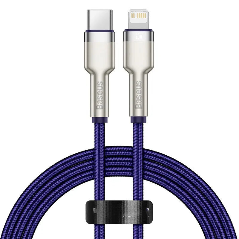 20W Type-C to Apple fast charging cable with single head connector, shown in black, dark green, white and purple, lengths 0.25m, 1m and 2m