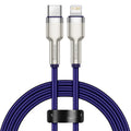 20W Type-C to Apple fast charging cable with single head connector, shown in black, dark green, white and purple, lengths 0.25m, 1m and 2m