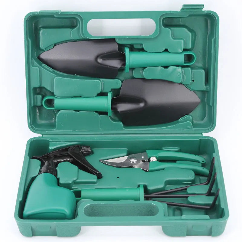Ten-piece gardening tool set with iron heads and plastic handles in green colour