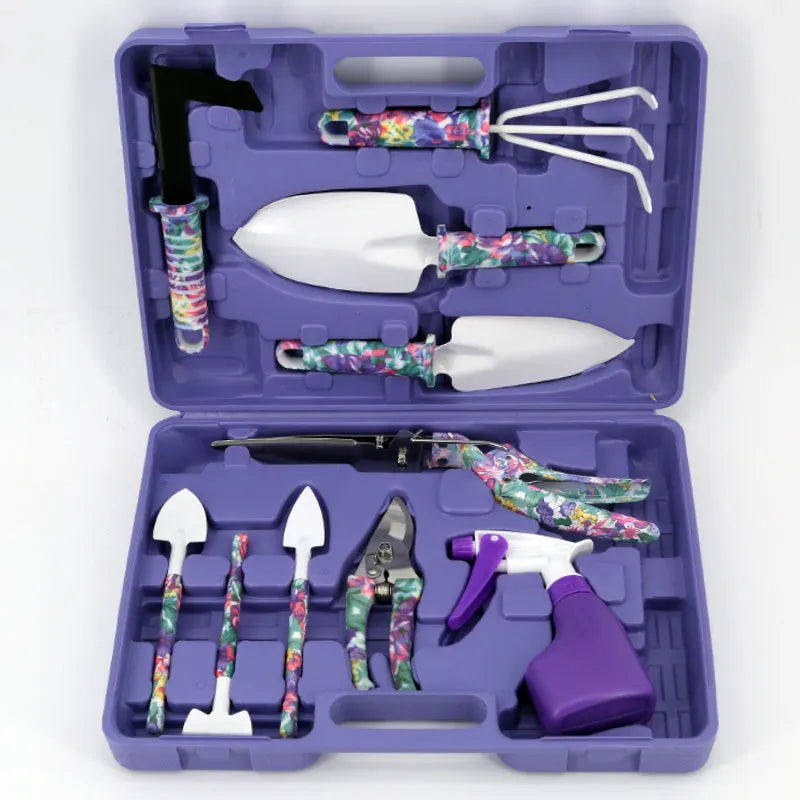 Ten-piece gardening tool set with iron heads and plastic handles in green colour