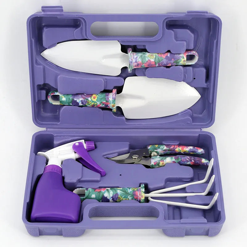 Ten-piece gardening tool set with iron heads and plastic handles in green colour