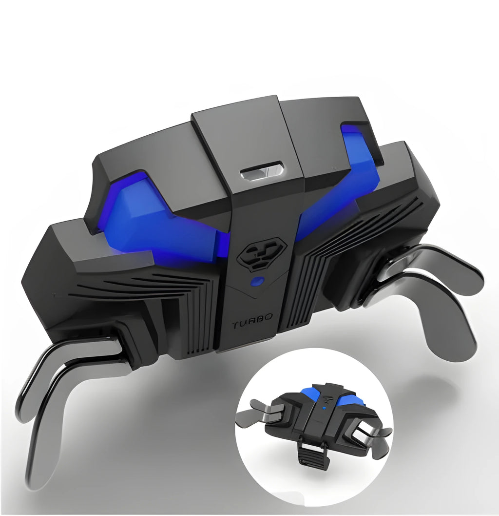 Black PS4 controller back button attachment with two rear paddles and a 3.5mm audio jack, connected by a long braided cable.