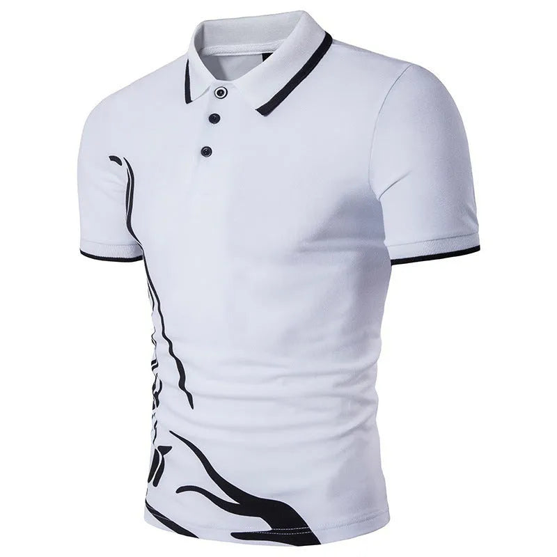 Mens cotton printed lapel short-sleeved T-shirt in white front view