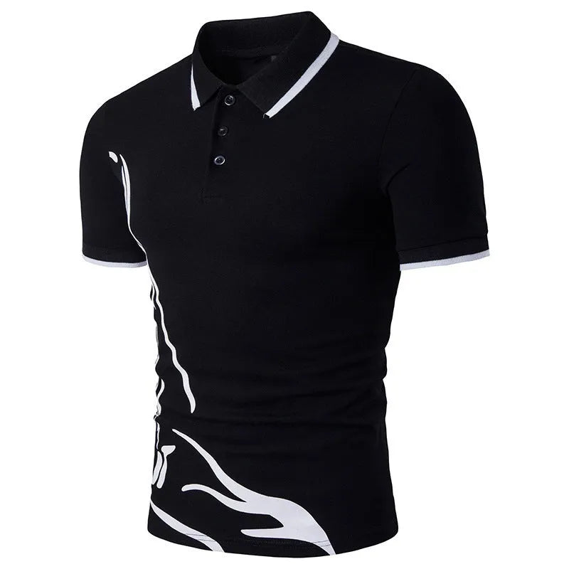 Mens cotton printed lapel short-sleeved T-shirt in white front view