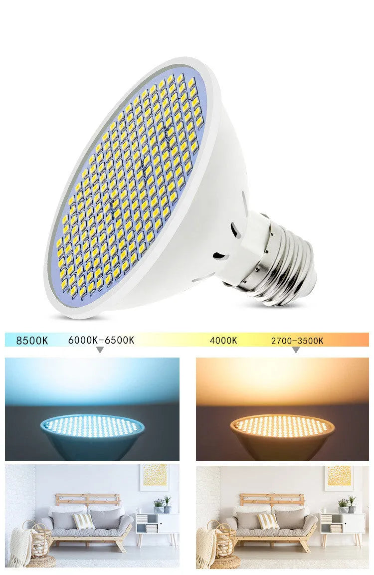 E27 screw-in LED light bulb with white polycarbonate body, shown in warm and cool white colour temperatures.