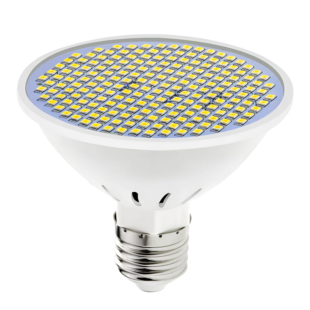 E27 screw-in LED light bulb with white polycarbonate body, shown in warm and cool white colour temperatures.