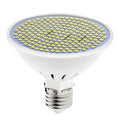 E27 screw-in LED light bulb with white polycarbonate body, shown in warm and cool white colour temperatures.