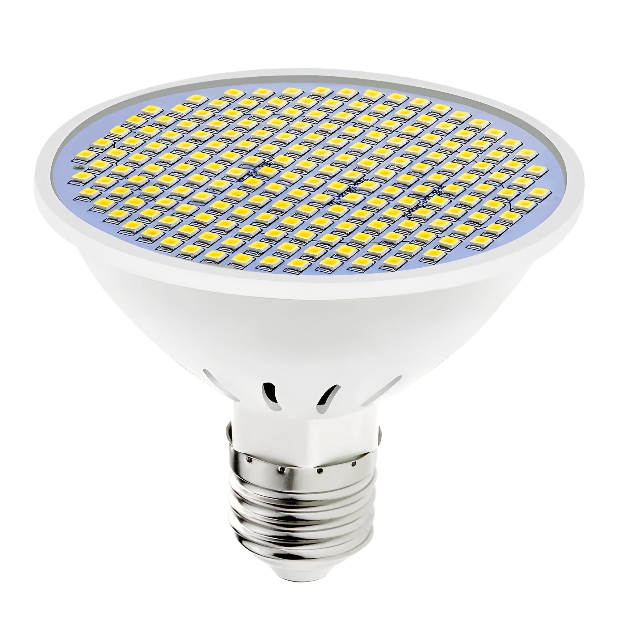 E27 screw-in LED light bulb with white polycarbonate body, shown in warm and cool white colour temperatures.