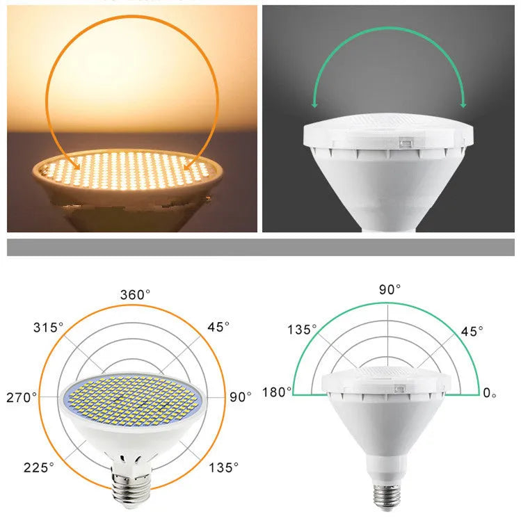 E27 screw-in LED light bulb with white polycarbonate body, shown in warm and cool white colour temperatures.