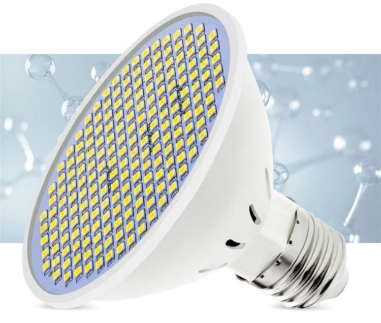 E27 screw-in LED light bulb with white polycarbonate body, shown in warm and cool white colour temperatures.