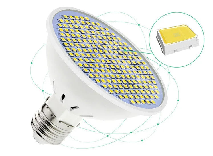 E27 screw-in LED light bulb with white polycarbonate body, shown in warm and cool white colour temperatures.