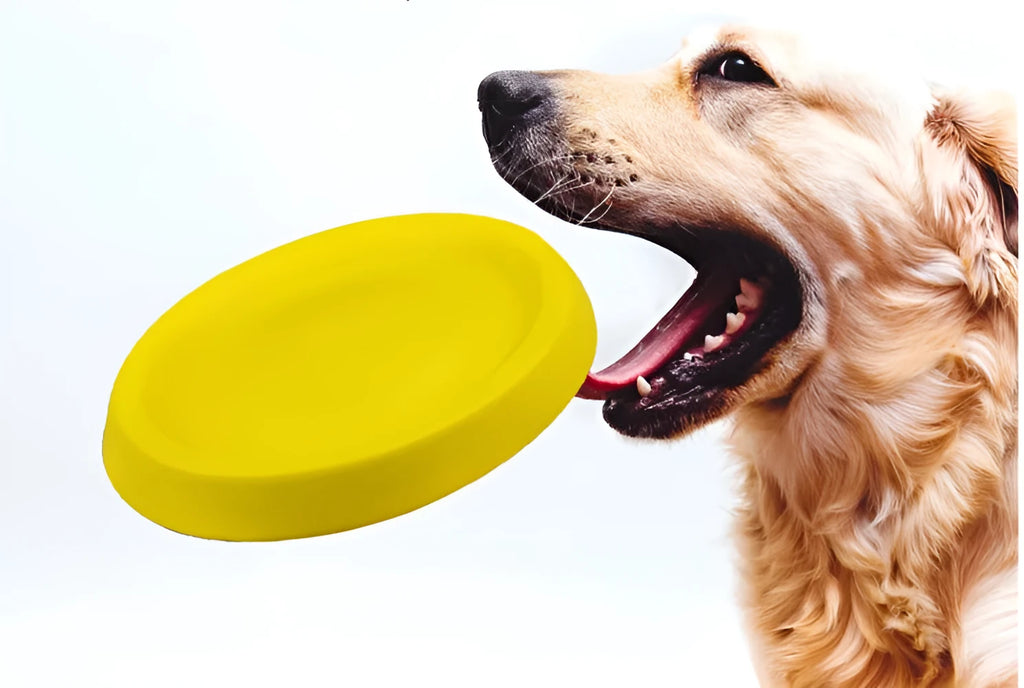 Yellow EVA plastic dog throwing toy for fetch games and training.