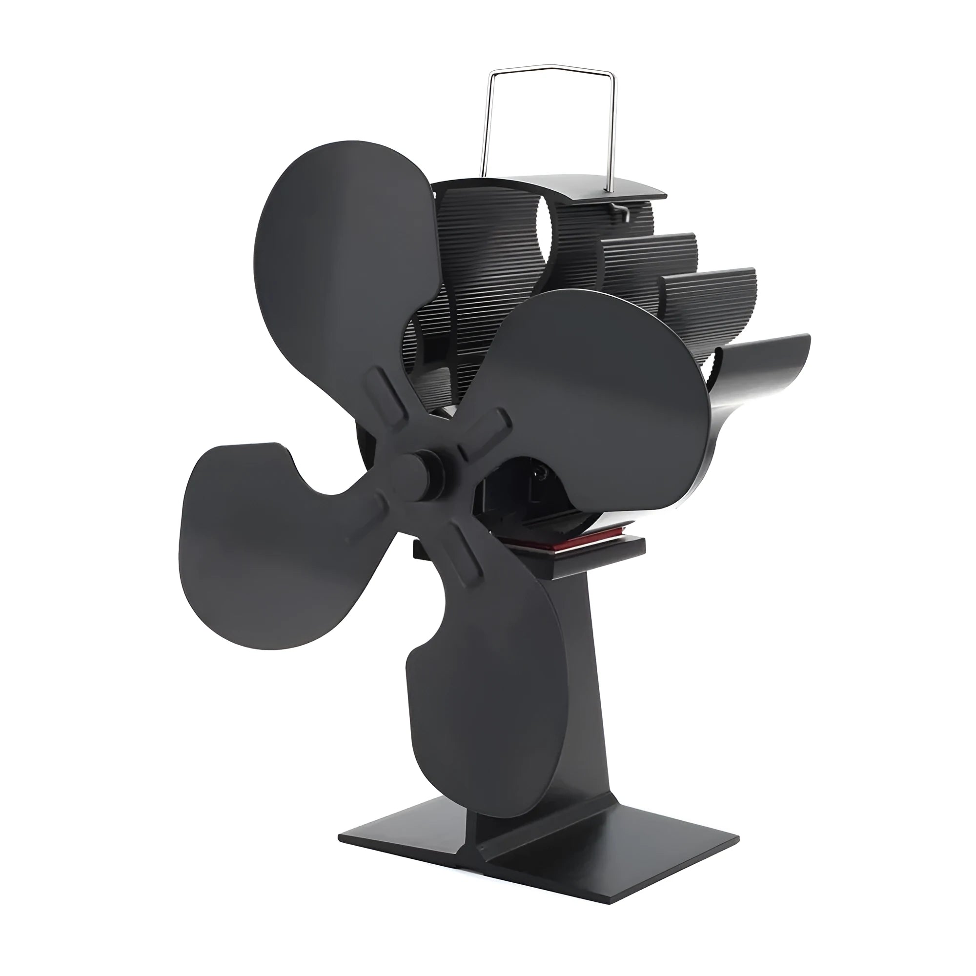 Black thermodynamic fireplace fan with Yotsuba style blades, placed on a fireplace surface