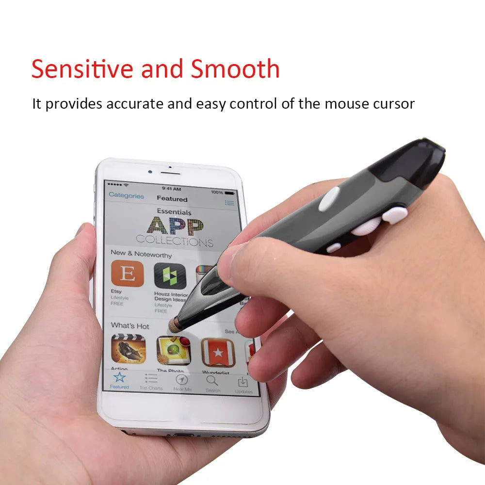 Pen-shaped wireless optical mouse in red with 1600 DPI 2.4GHz USB receiver on a white background