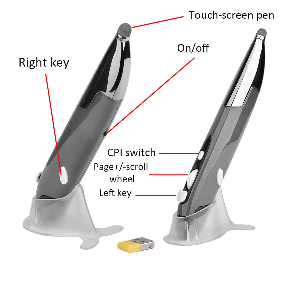 Pen-shaped wireless optical mouse in red with 1600 DPI 2.4GHz USB receiver on a white background