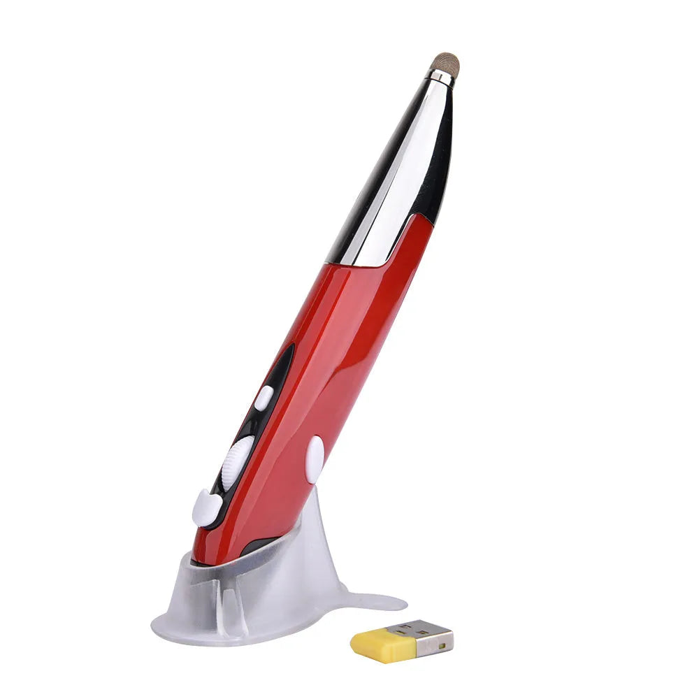 Pen-shaped wireless optical mouse in red with 1600 DPI 2.4GHz USB receiver on a white background