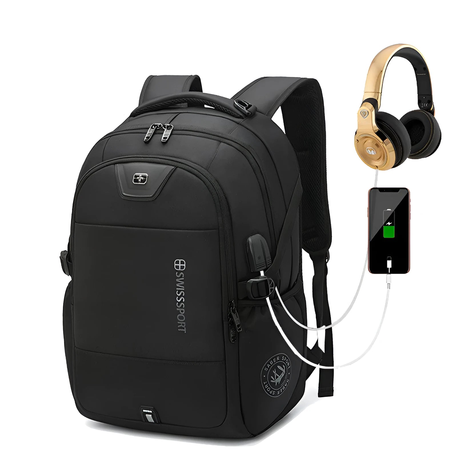 Black nylon backpack 36-55L with laptop pocket and multiple compartments for travel and business