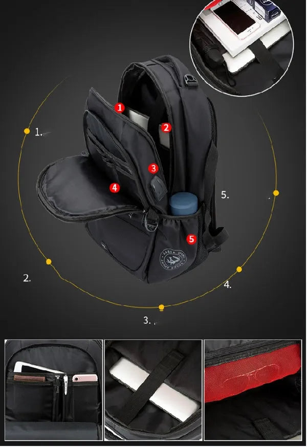 Black nylon backpack 36-55L with laptop pocket and multiple compartments for travel and business