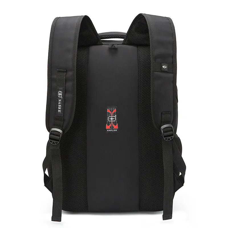 Black nylon backpack 36-55L with laptop pocket and multiple compartments for travel and business