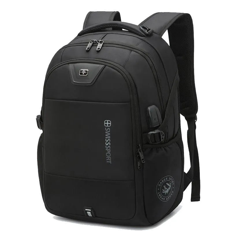 Black nylon backpack 36-55L with laptop pocket and multiple compartments for travel and business