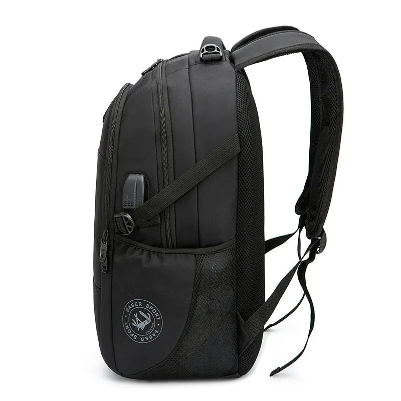 Black nylon backpack 36-55L with laptop pocket and multiple compartments for travel and business