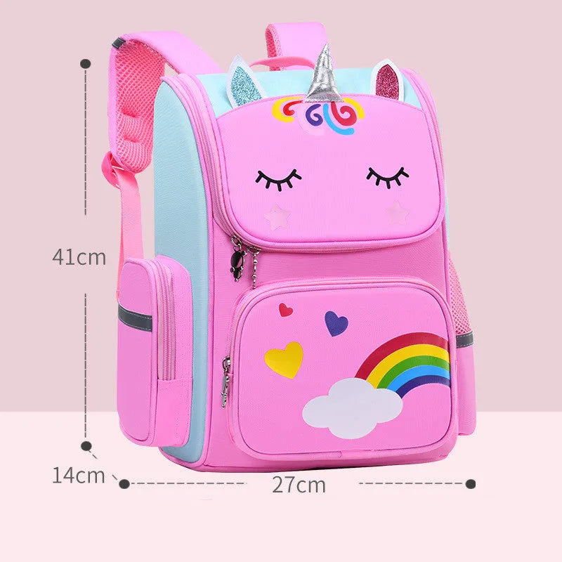 Primary school student bag in royal blue with printing, showing wear-resistant polyester construction
