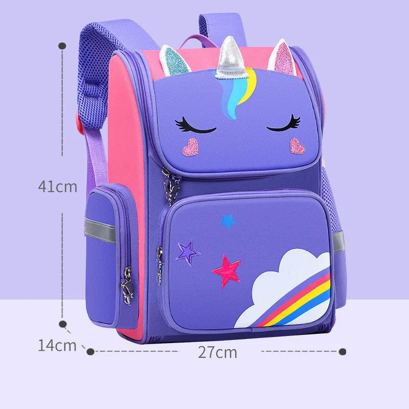 Primary school student bag in royal blue with printing, showing wear-resistant polyester construction
